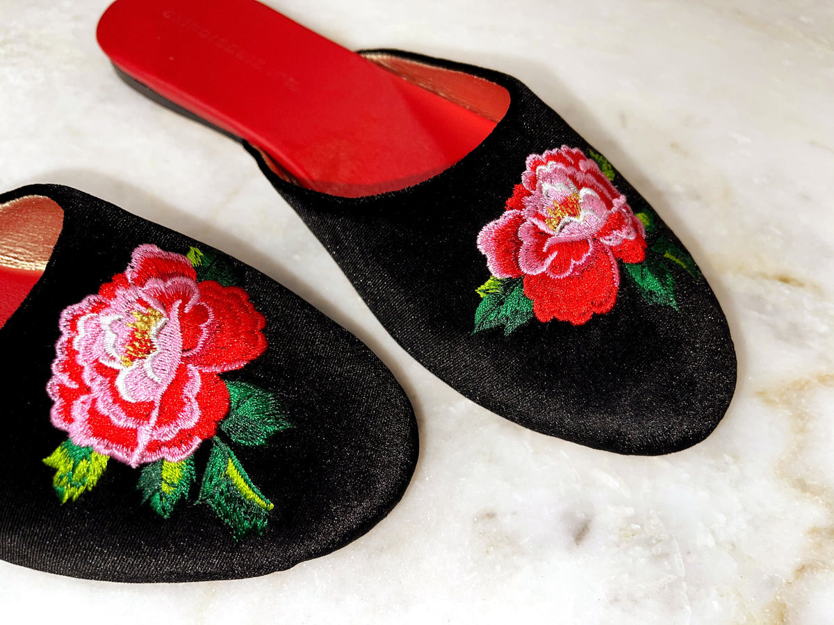 Black velvet mule slippers with peony embroidery, red interior footbeds
