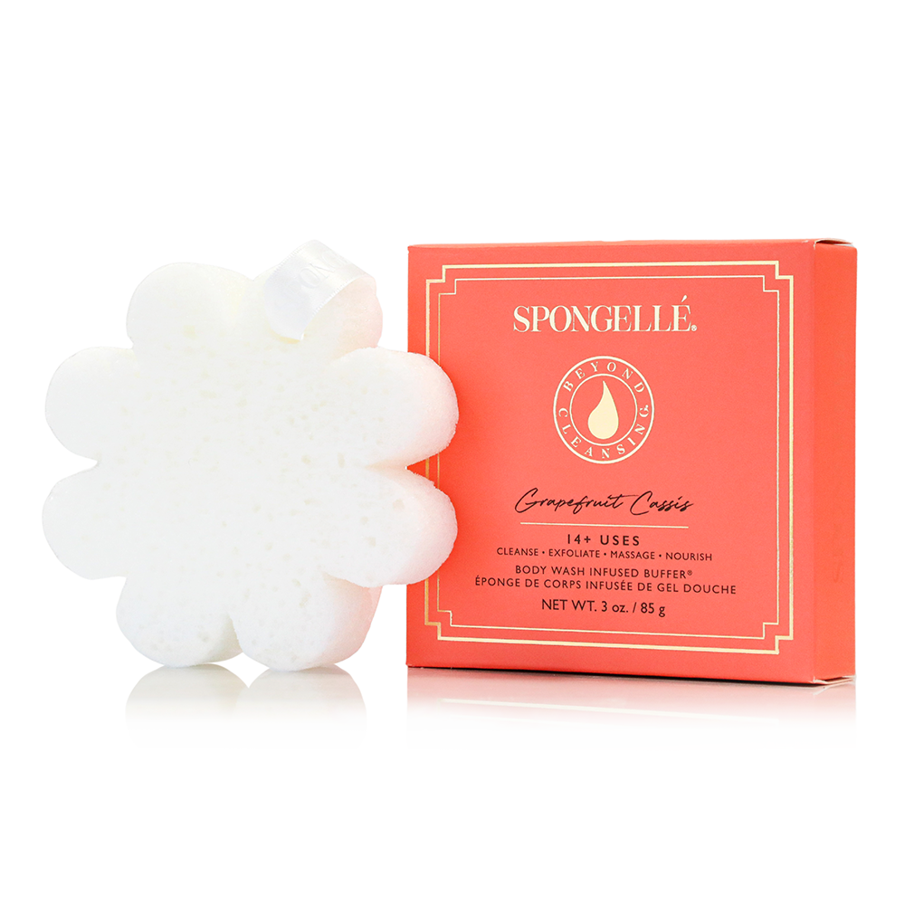 SPONGELLE boxed flower cleanser in coral, with white flower-shaped sponge
