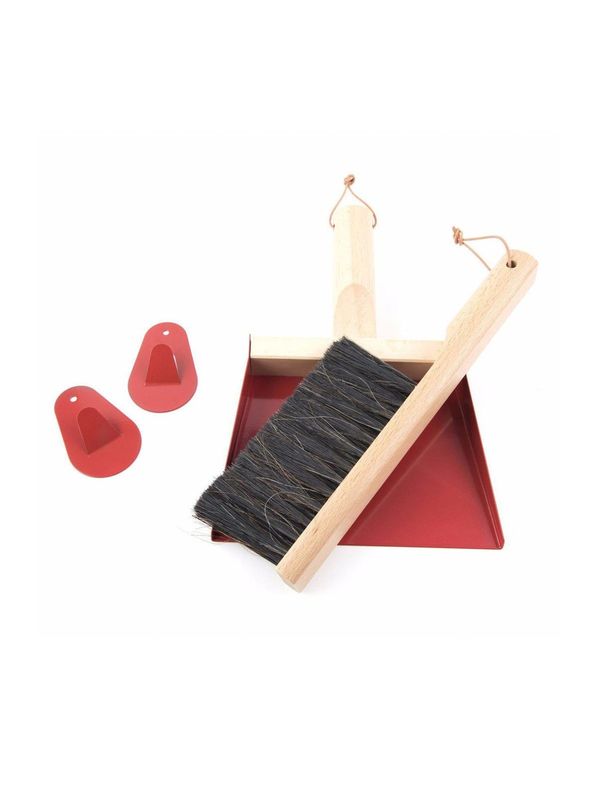 Hand brush and dustpan set with wall hooks, natural wood and red dustpan, dark bristles
