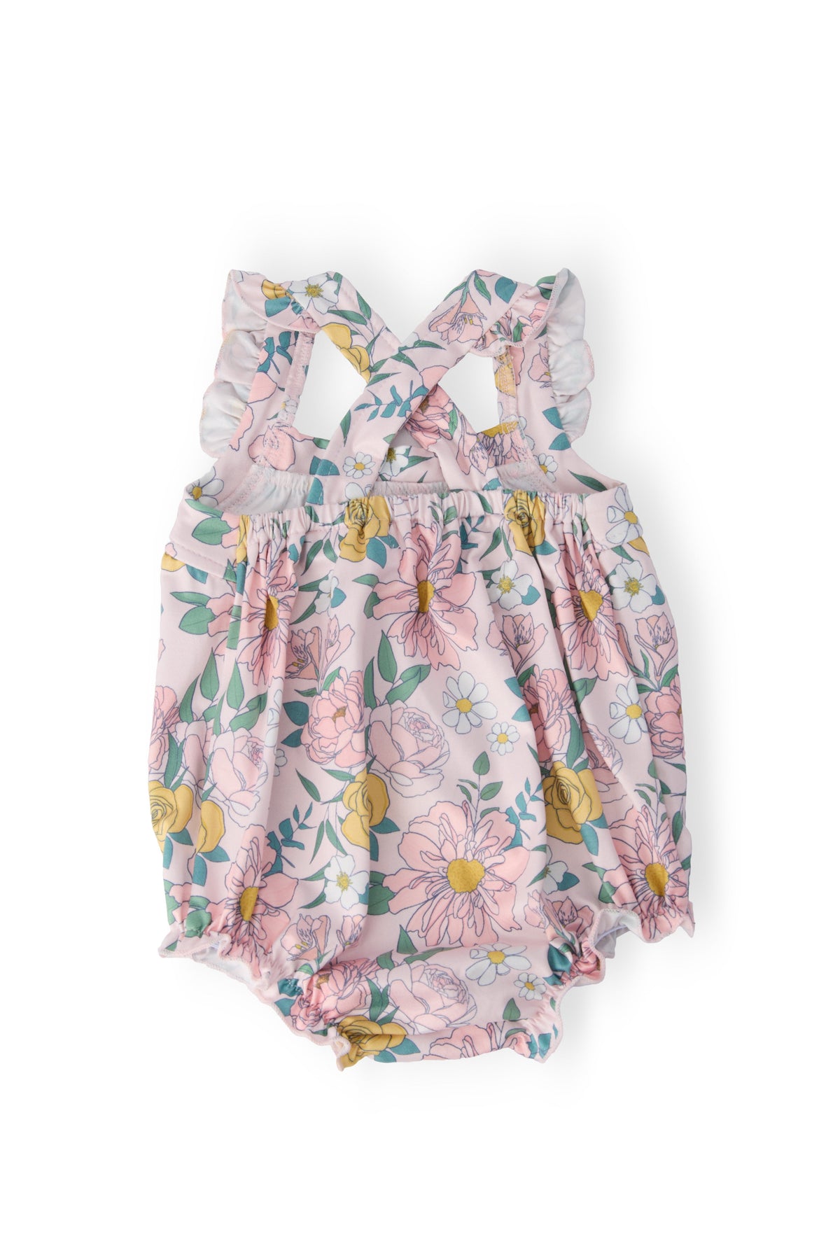 Pastel floral ruffle romper with elastic waist and cross-back shoulder detail