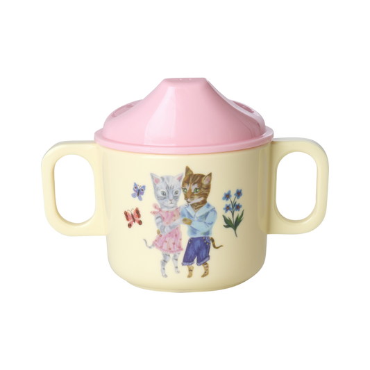 Two-handle melamine baby cup with pink lid, cream body, illustrated animal print