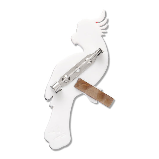 White cockatoo enamel brooch with silver pin clasp and brown tail accents