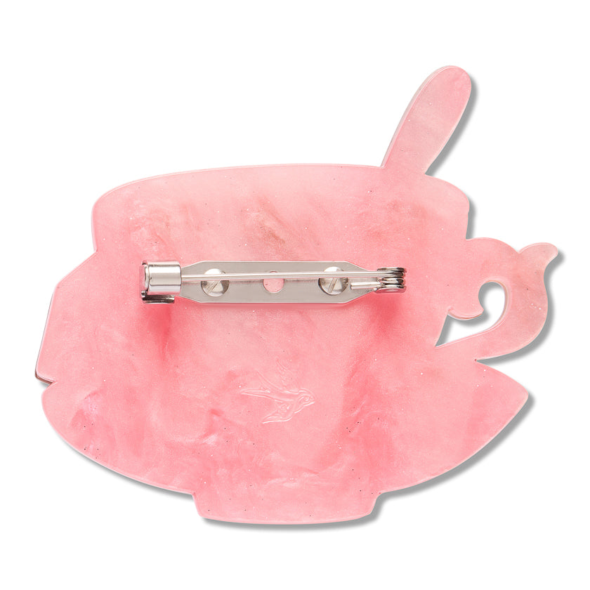 Pink teacup brooch back with metal pin and clasp