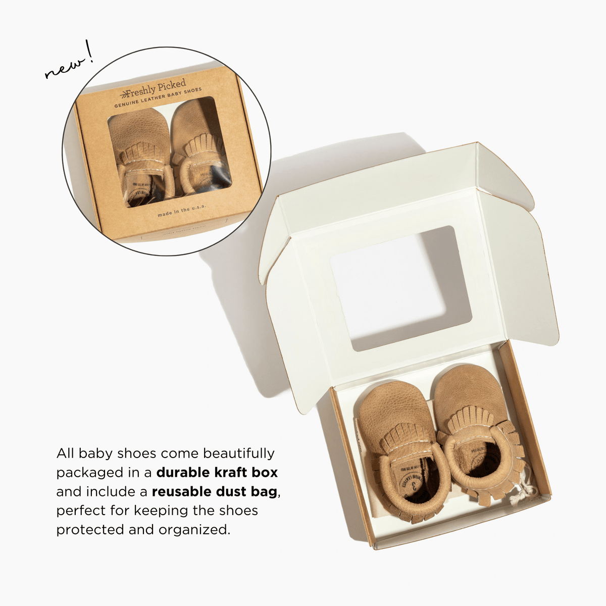 Baby shoes in retail box with dust bag insert, soft-sole pair