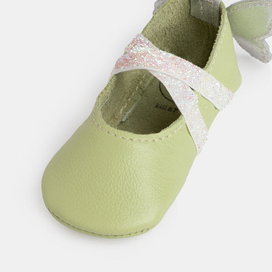 Mint baby ballet slipper with glitter strap and scalloped toe seam detail