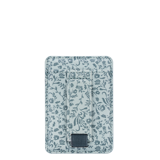 Floral magnetic wallet with blue-gray pattern and square magnetic snap