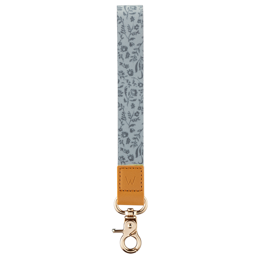 Blue patterned wrist lanyard with leather tab and gold key clip