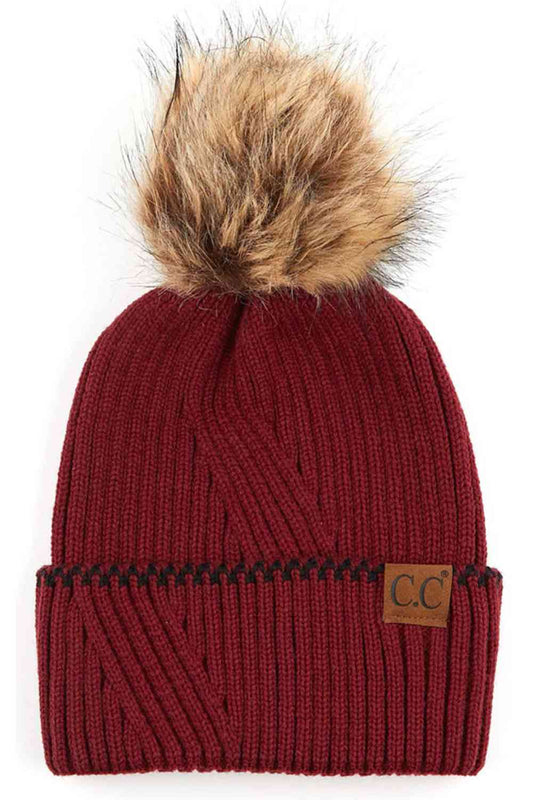 C.C Solid Cuffed Beanie With Pom