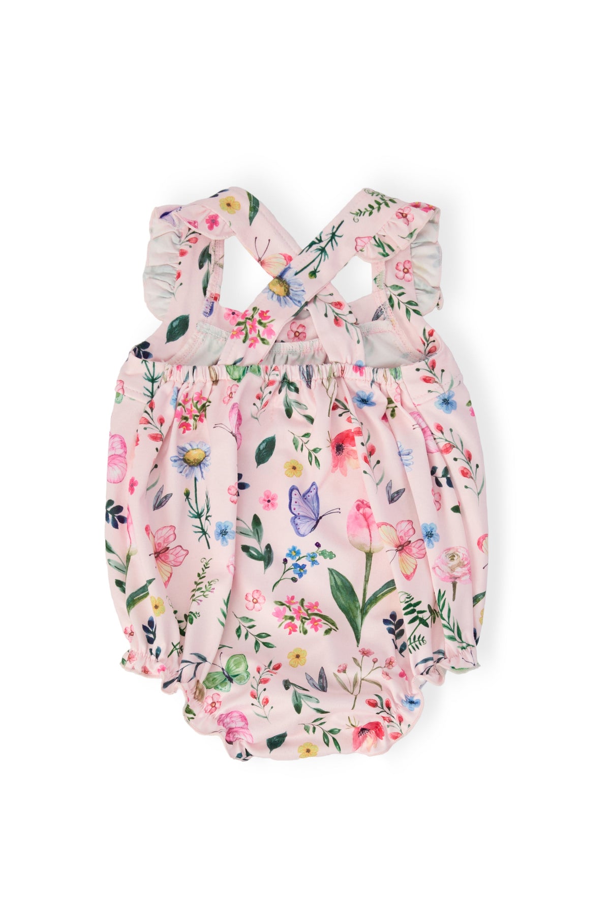 Floral ruffle cross-back romper with pintucked bodice and diaper cover
