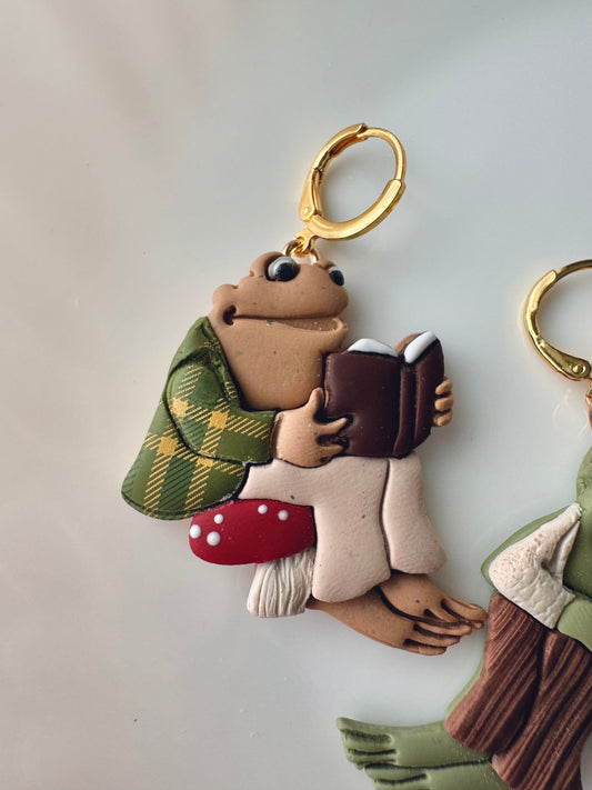 Toad character keychain with gold ring, green plaid jacket, red polka-dot shoes, book