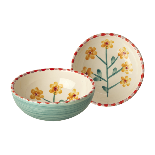Ceramic bowls with jade-yellow flowers and teal branches, red dotted rim, set of 2