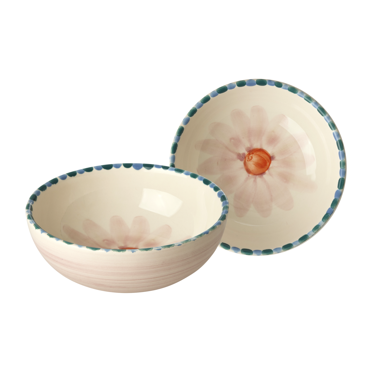 Ceramic bowl set with hand-painted soft pink flower and teal speckled rim