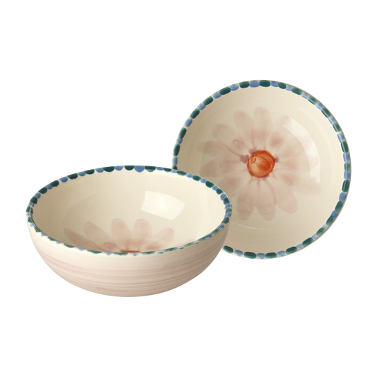 Ceramic bowl set with hand-painted soft pink flower and teal speckled rim