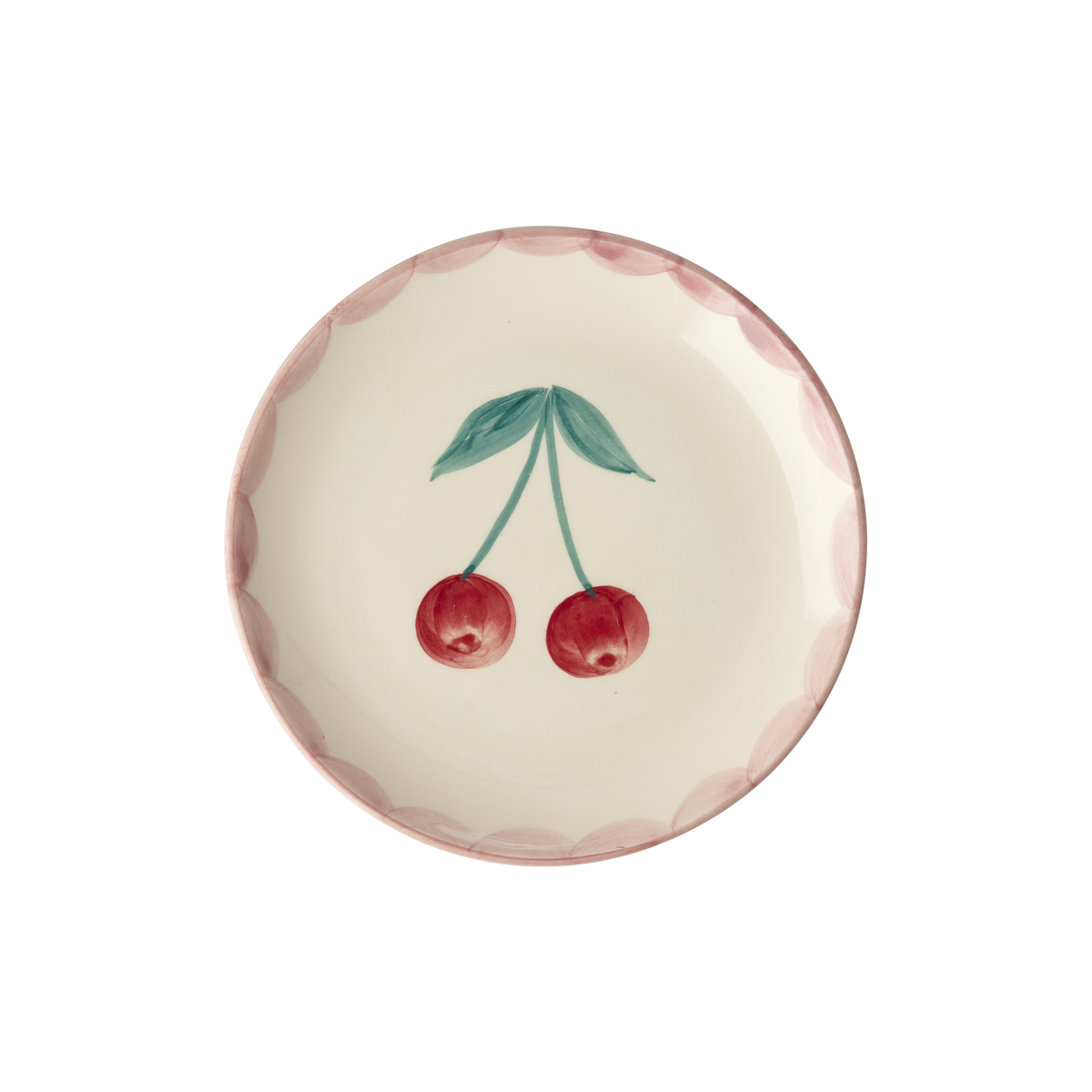 Ceramic cake plate with hand-painted cherries and pink scalloped rim