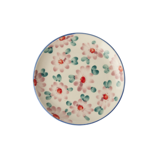 Ceramic cake plate with hand-painted pink flowers, green leaves, and blue rim