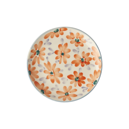Ceramic cake plate with hand-painted orange and teal floral design