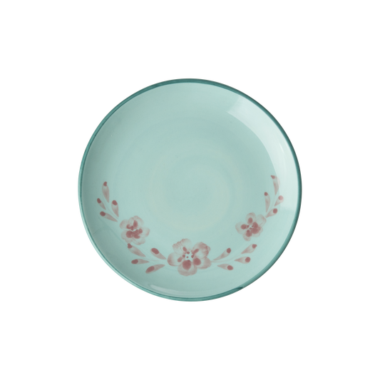 Light blue ceramic cake plate with hand-painted pink flower vine border