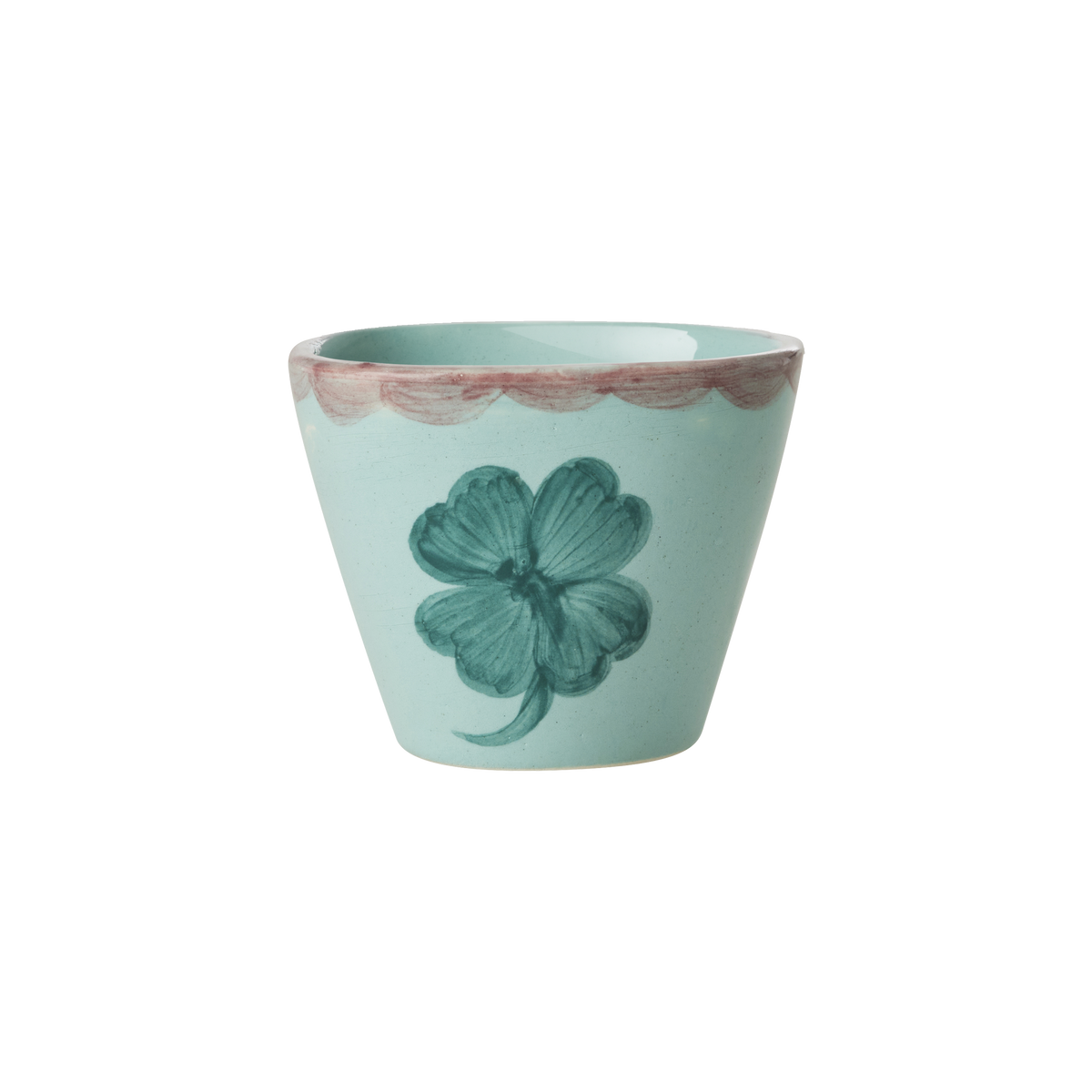 Mint ceramic oval espresso cup with teal hand-painted clover