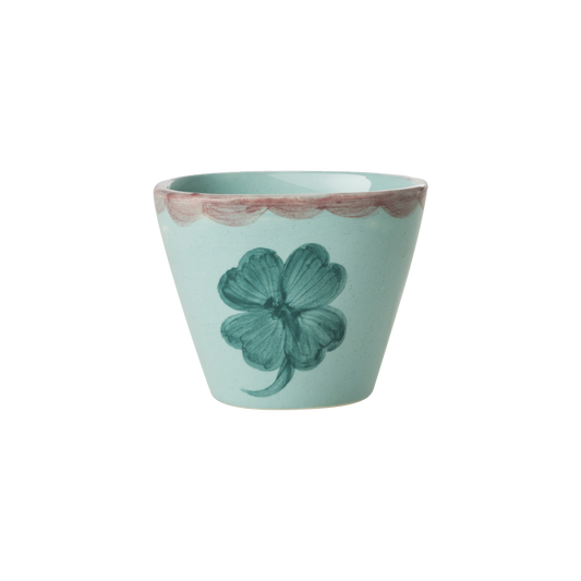 Mint ceramic oval espresso cup with teal hand-painted clover