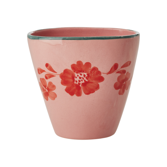 Ceramic oval cup with pink base and hand-painted orange flower vine