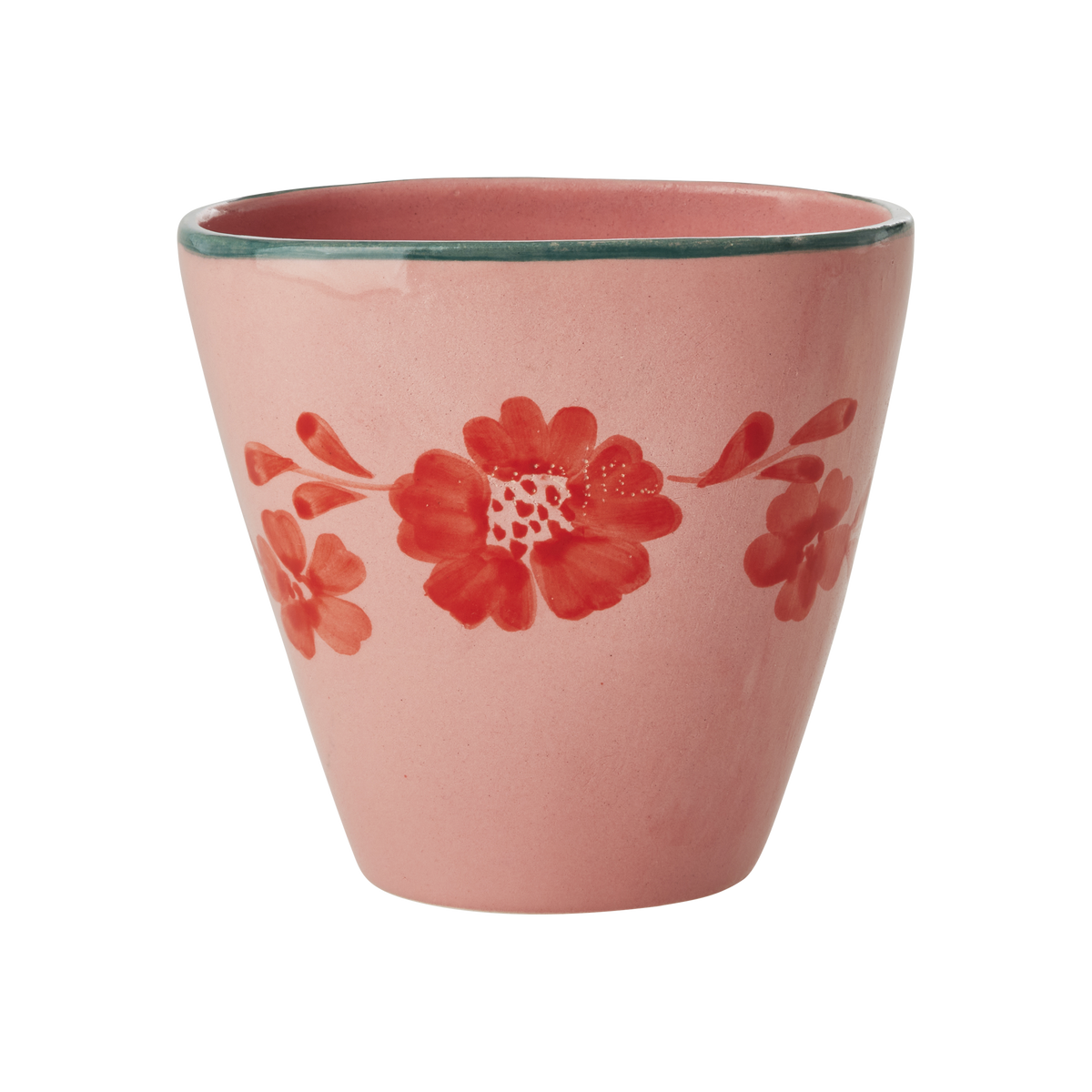 Ceramic oval cup with pink base and hand-painted orange flower vine