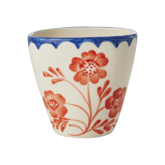 Ceramic oval cup with blue scalloped rim and hand-painted red vintage flowers