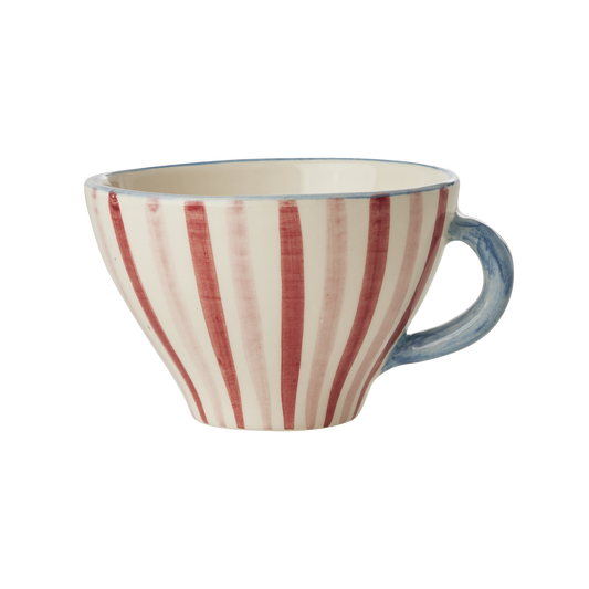 Ceramic tea cup with red-and-cream vertical stripes and blue handle, 5 oz