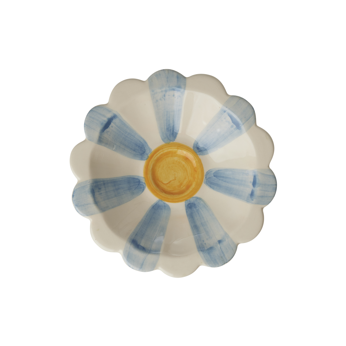 Ceramic flower dipping bowl with blue hand-painted stripes and a round center