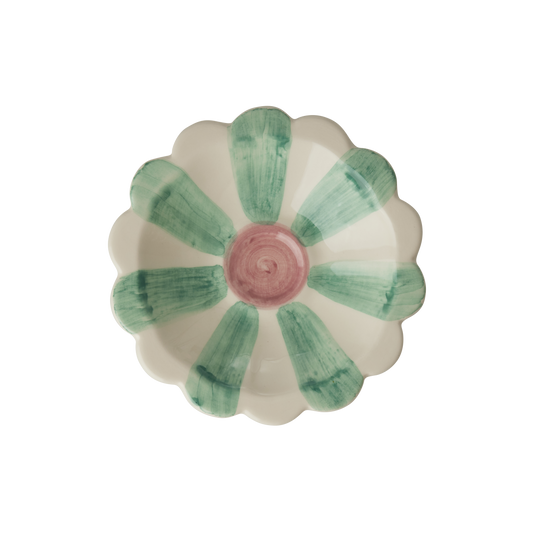 Flower-shaped ceramic dipping bowl with soft green hand-painted stripes and pink center