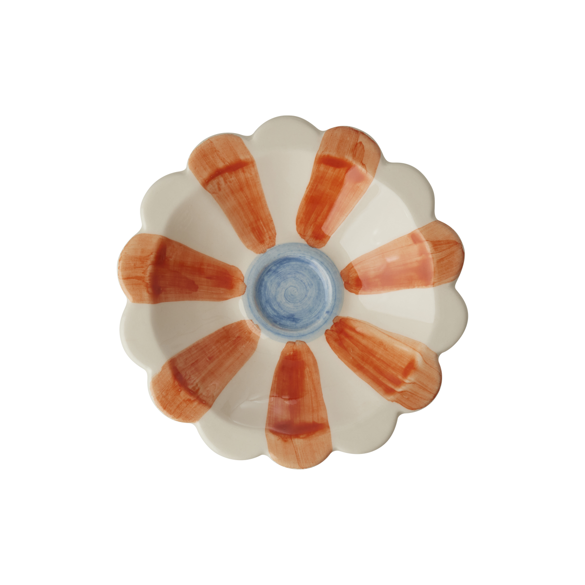Flower-shaped ceramic dipping bowl with orange hand-painted stripe petals and blue center