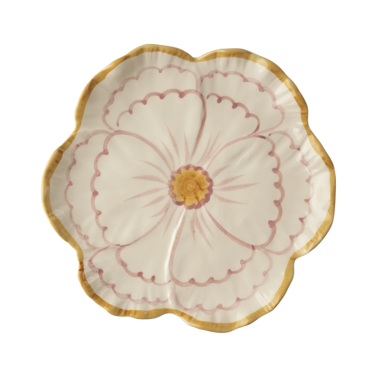 Flower-shaped ceramic side plate with yellow rim, white floral design and pink border