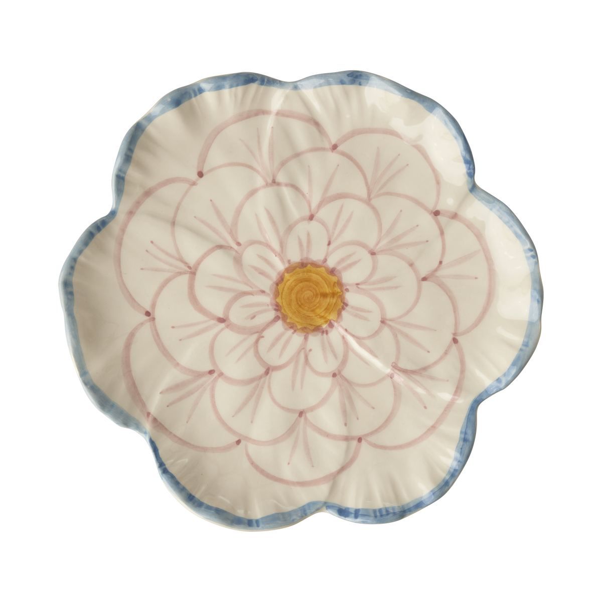 Flower-shaped ceramic side plate with blue rim and pink daisy pattern