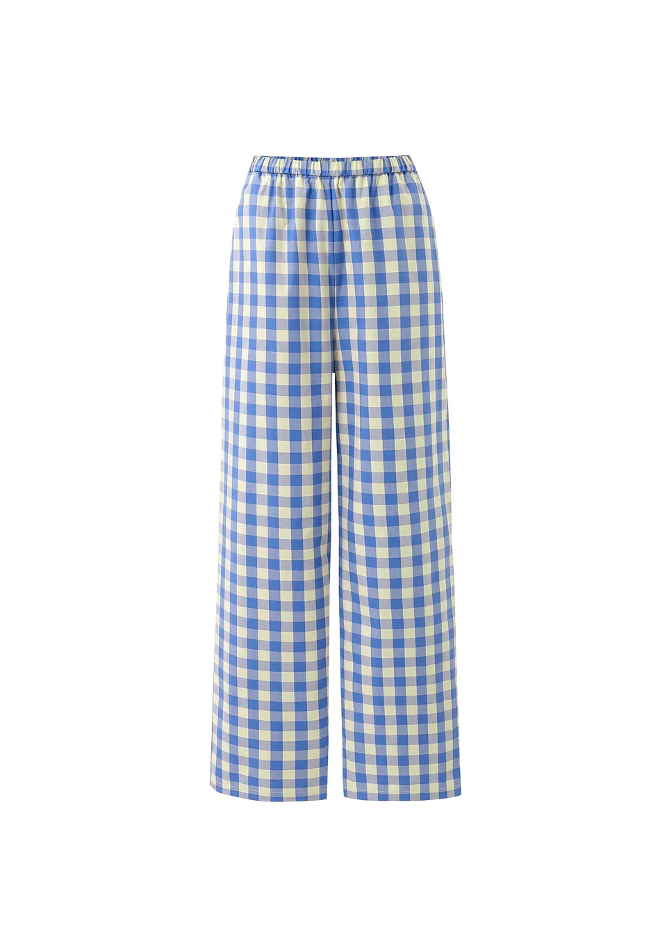 Back view, full-length blue and white gingham wide-leg pants with elastic waistband