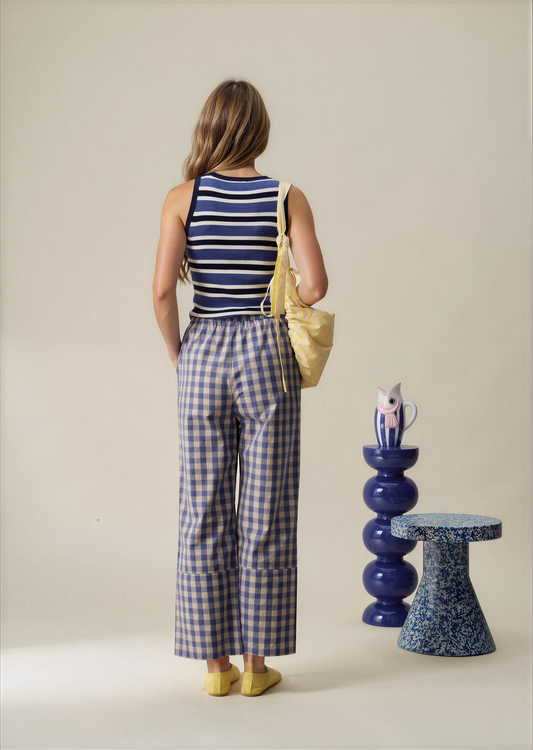 Blue and white gingham wide-leg pants with elastic waistband and straight wide leg