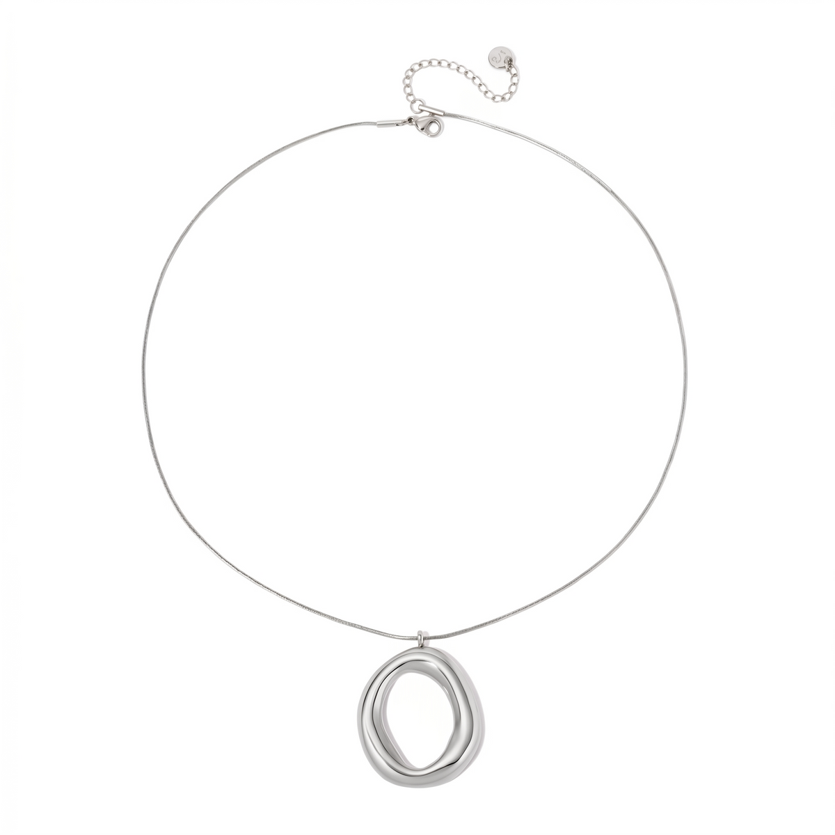 Silver open-circle statement necklace with oval ring pendant on thin chain