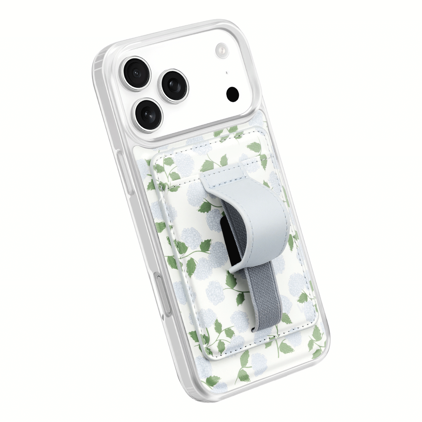 Light blue floral magnetic wallet attached to a clear phone case with gray strap