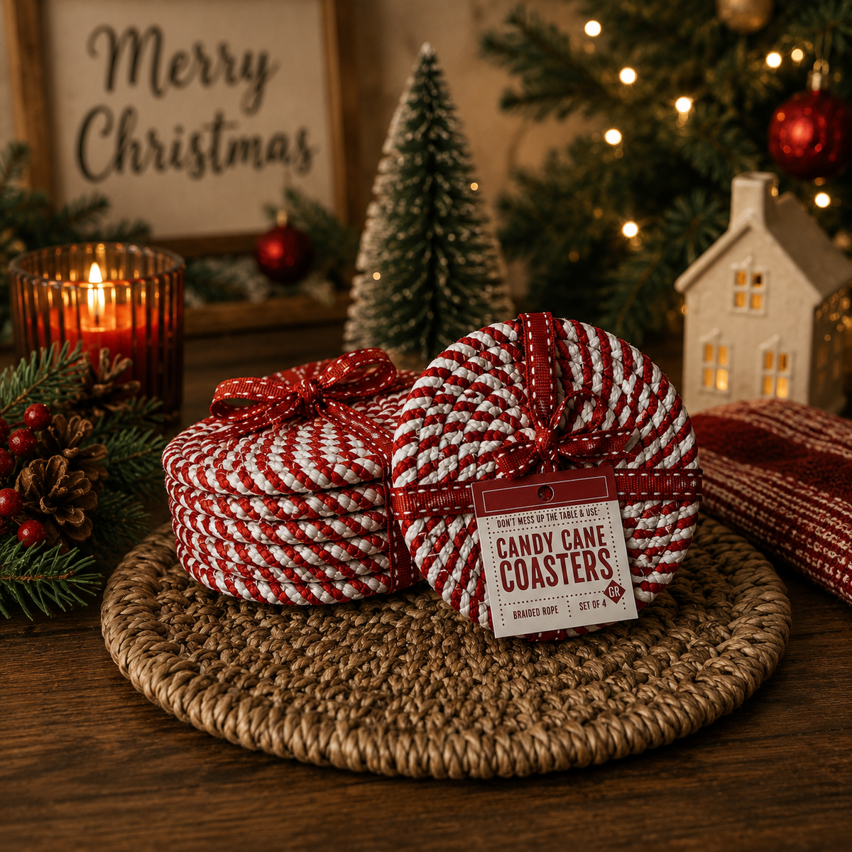 Packaged coaster set (4-pack) with red-and-white striped coaster bundles on woven mat