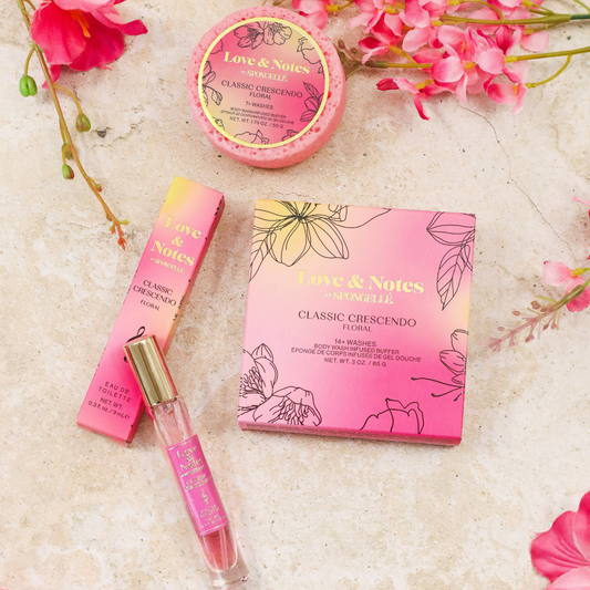 Love & Notes Classic Crescendo floral set with pink sponge, mini bottle, and box