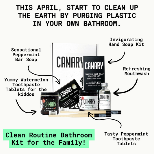 Canary bathroom kit with peppermint soap, toothpaste tablets, mouthwash, and hand soap