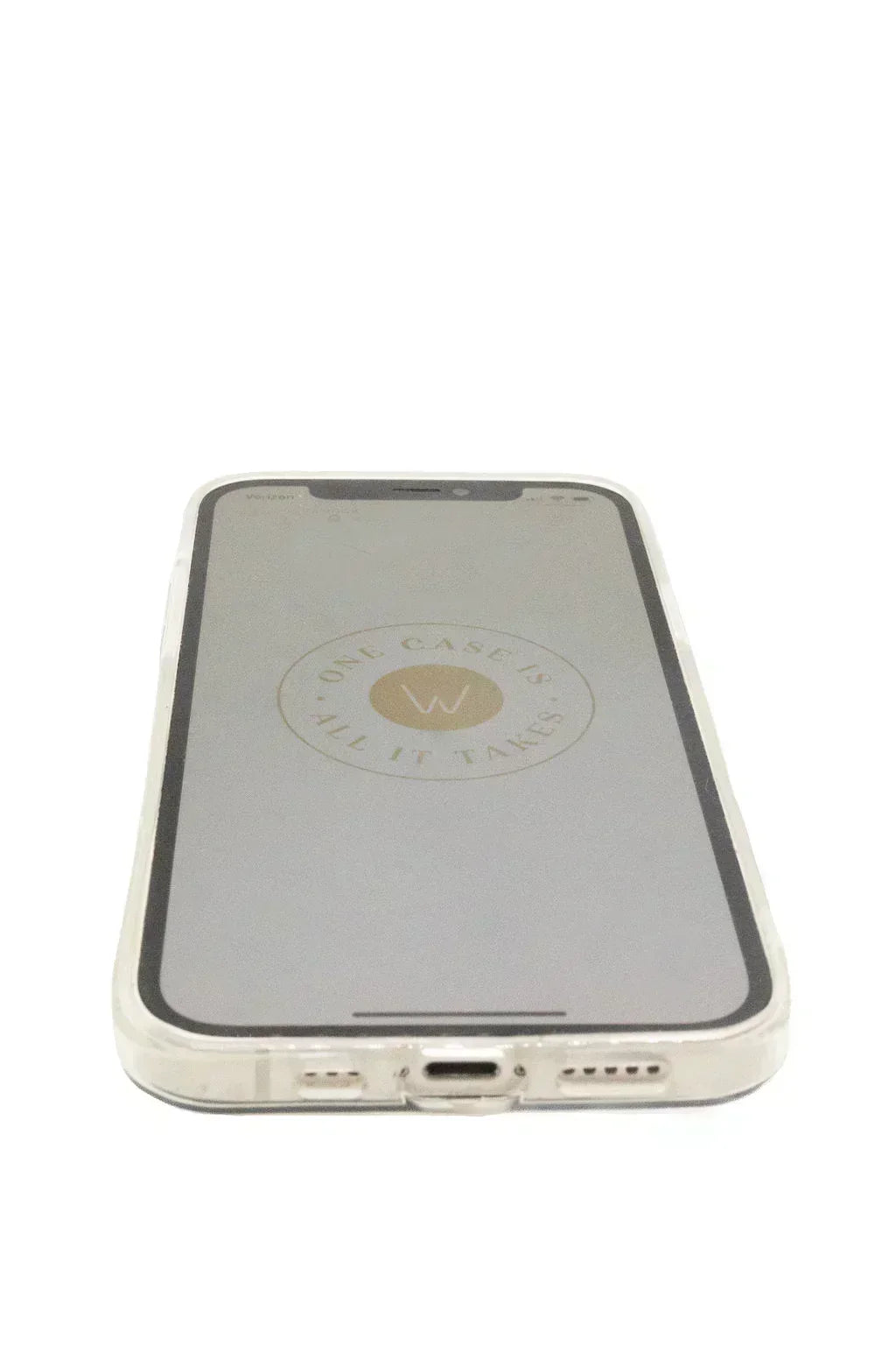 Clear phone case with transparent back and brand logo on the back panel