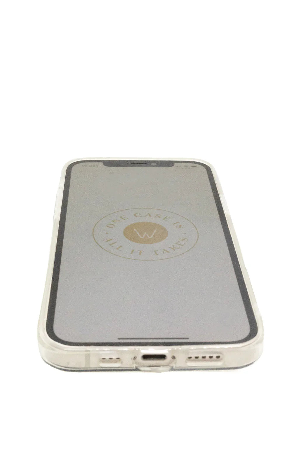 Phone purse case back with circular logo and visible charging and audio ports