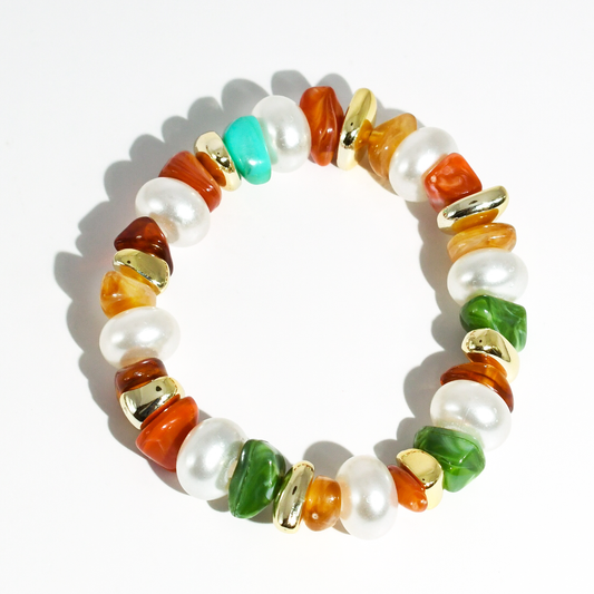 Full pearl bracelet with orange, teal and green glass beads and gold-tone spacers