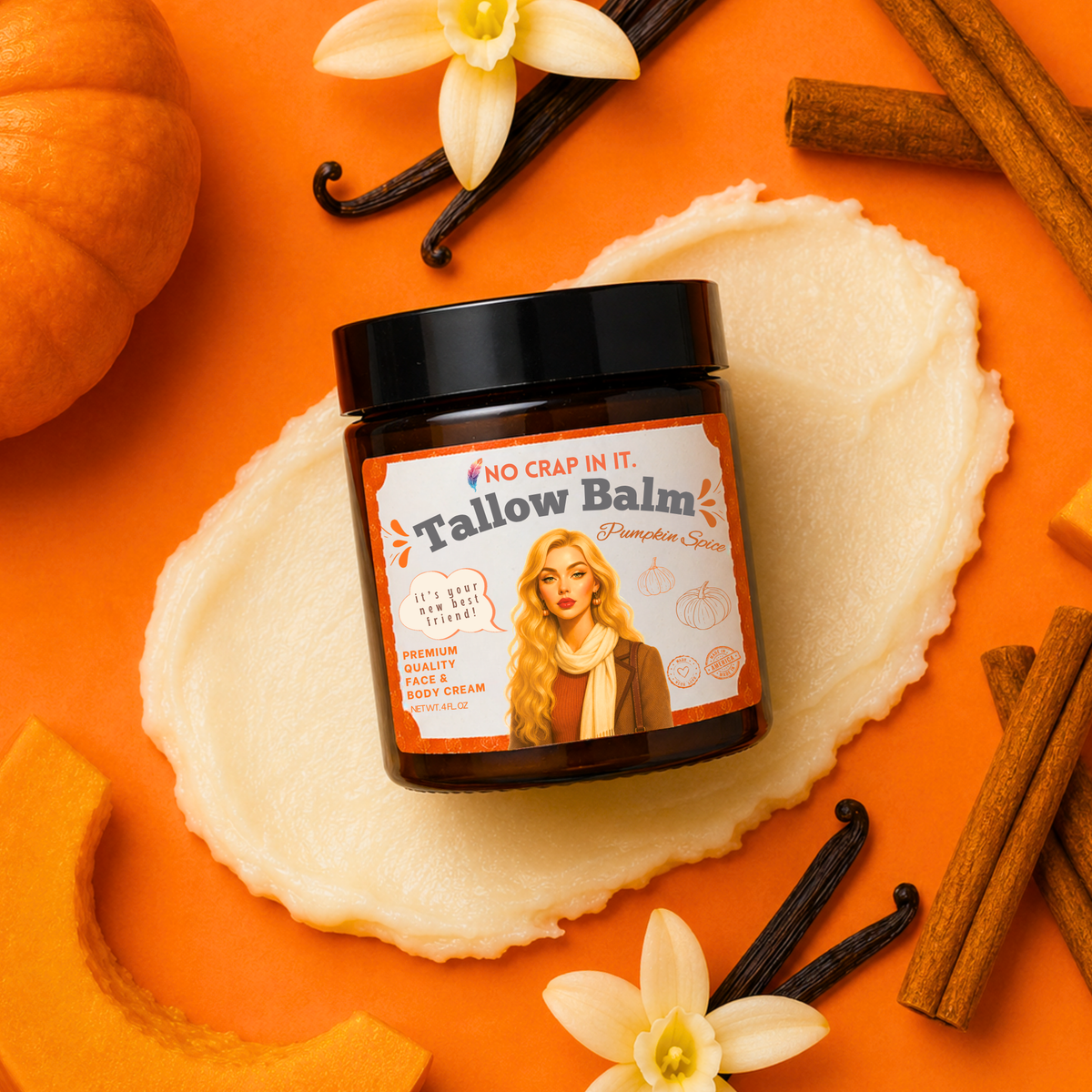 Pumpkin spice tallow balm in a dark jar with a black lid