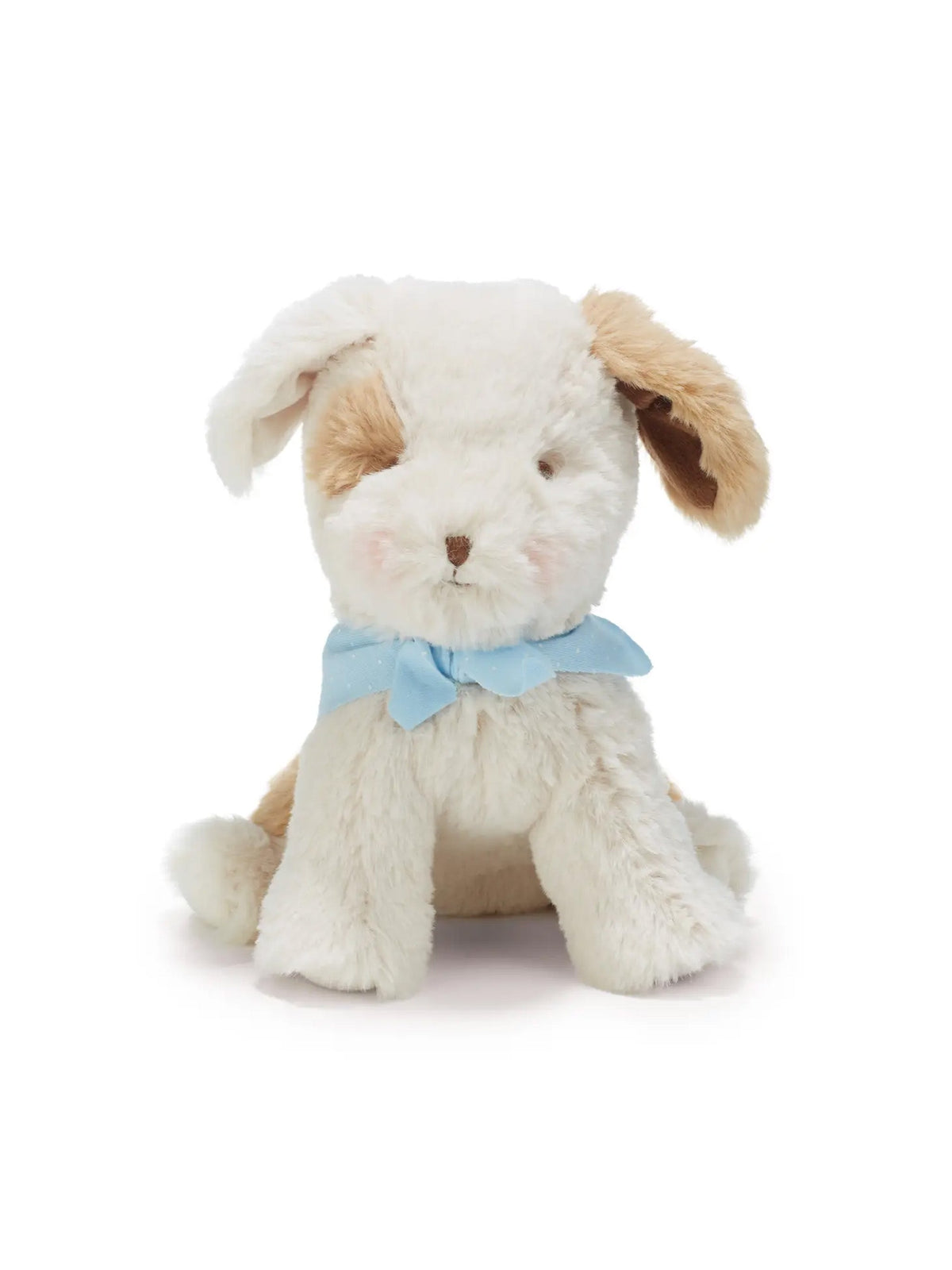 Plush puppy toy, cream fur with tan ears, light blue bow around neck, seated