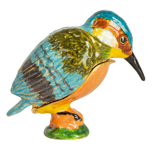 Kingfisher bird enamel metal trinket box with colorful wings and black beak