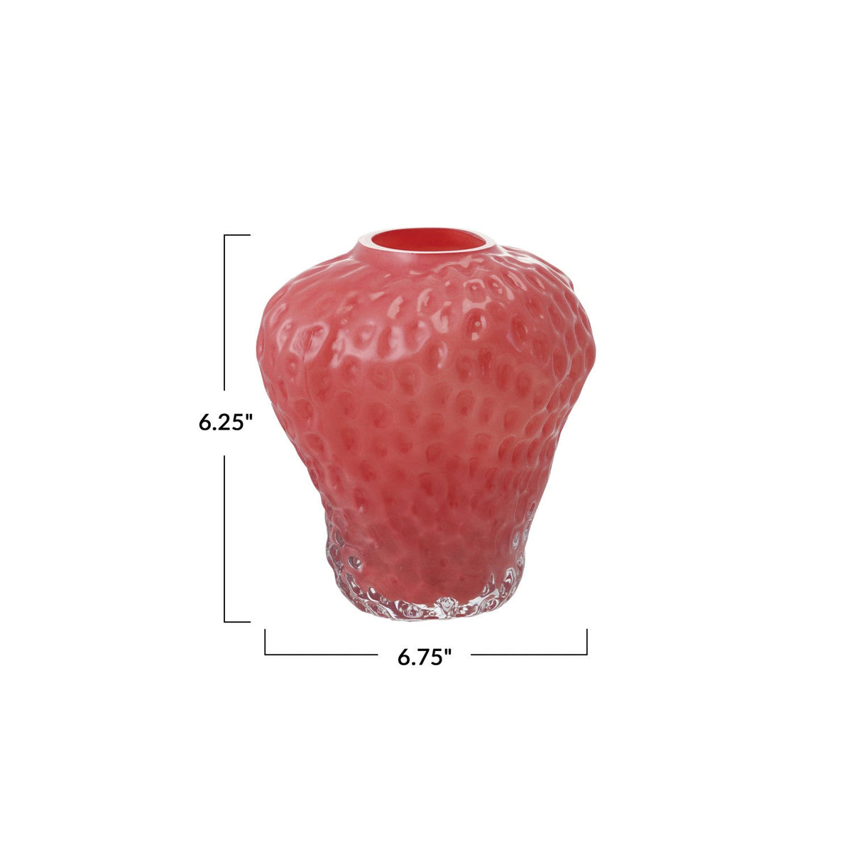 Pink opaque strawberry-shaped glass vase, side view with textured body and rim