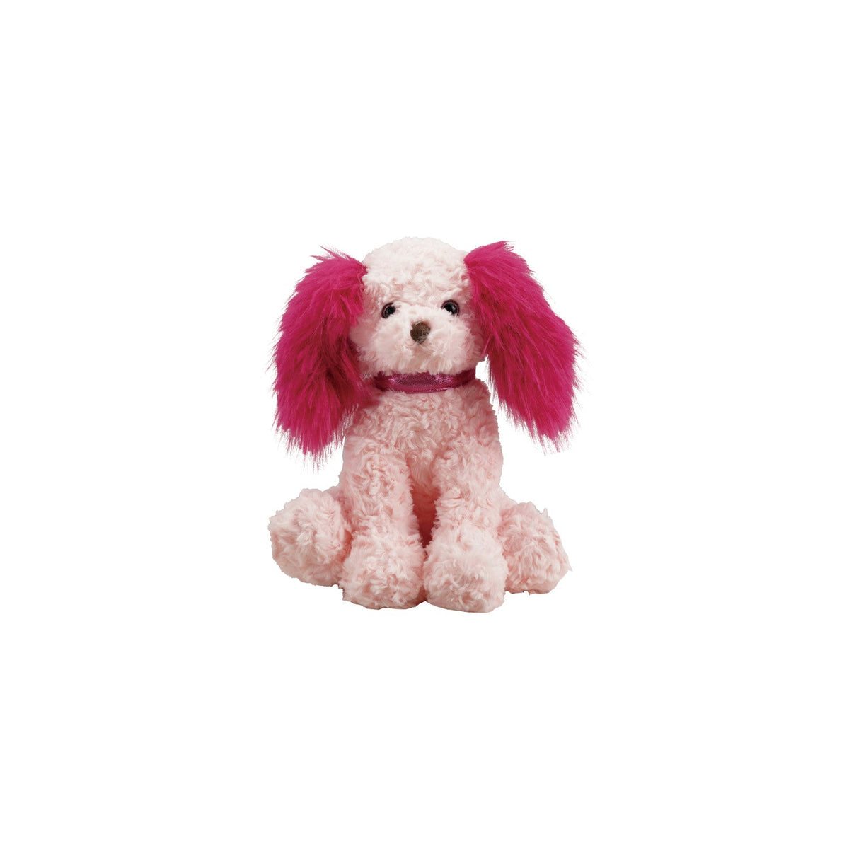 Pink plush dog with fuchsia floppy ears, seated and facing forward