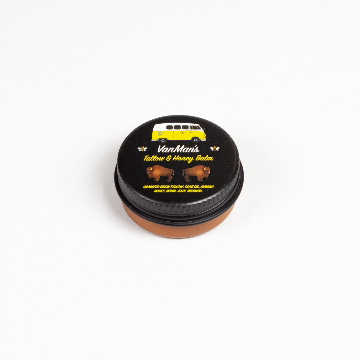 VanMan's tallow and honey balm jar with black screw-top lid