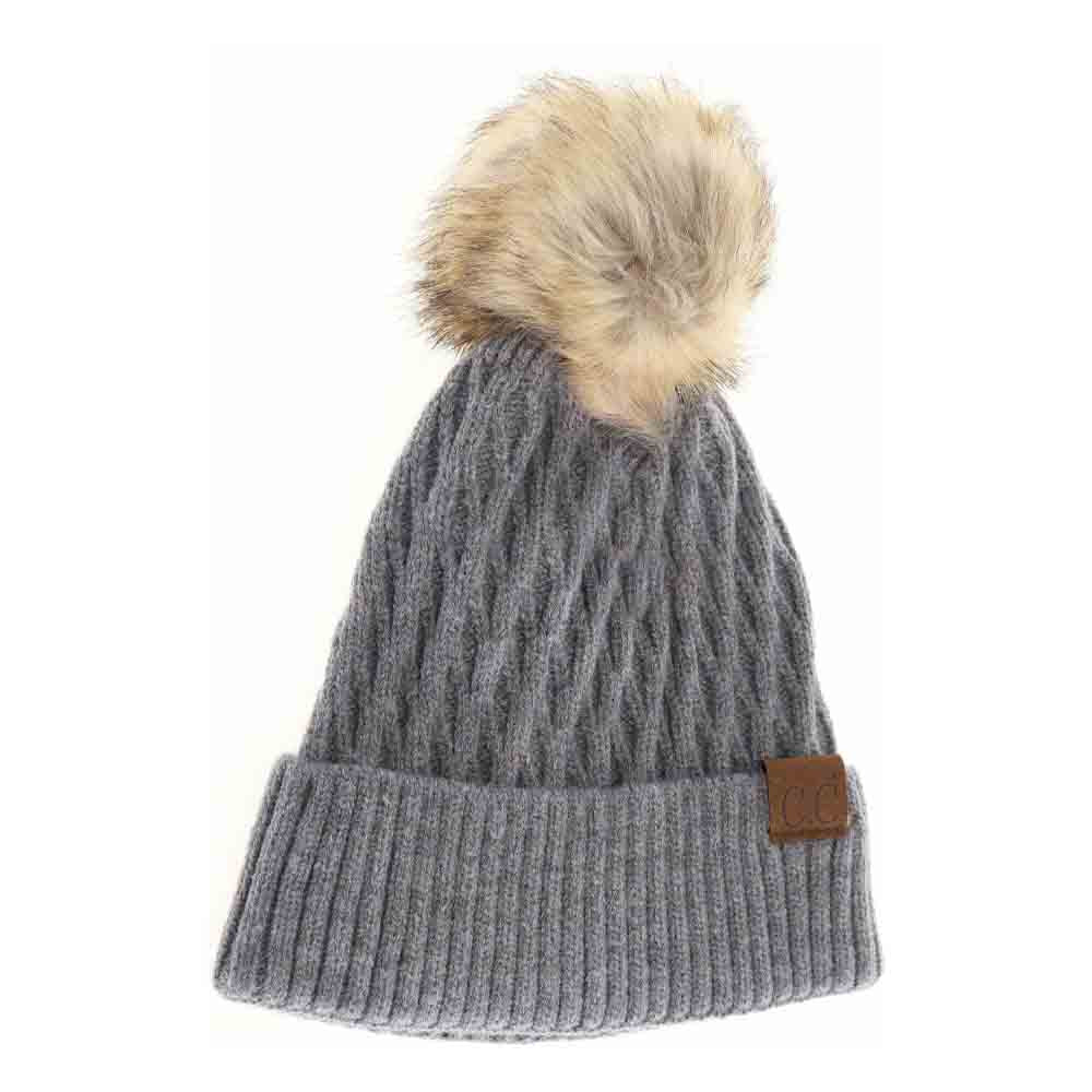 Dark gray textured knit beanie with faux fur pom-pom and C.C label patch