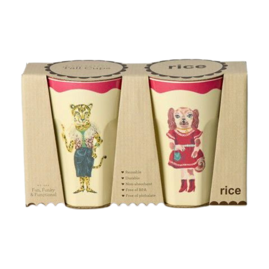 Two tall melamine cups in gift box, cream with red rims and animal print